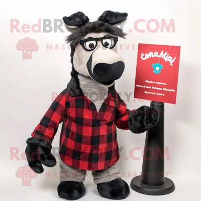 Produktbild von Schwarzer REDBROKOLY Lama Maskottchen Kostüm charakter bekleidet mit einem Flanellhemd und einer Lesebrille