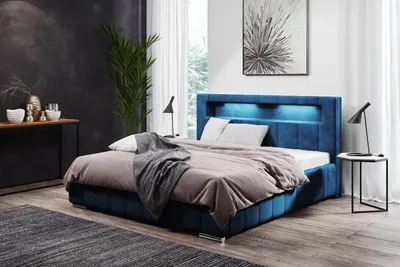 Produktbild von Polsterbett Sechs mit Bettkasten, Bett mit Metallrahmen, LED-Beleuchtung, Chrombeine (Stoff: kronos 09 - marineblau, Große: 160x200 cm)