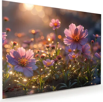 Produktbild von Glasbild 120x90cm in XXL für Wohnzimmer, Schlafzimmer Motiv Blumenwiesebei Sonnenaufgang