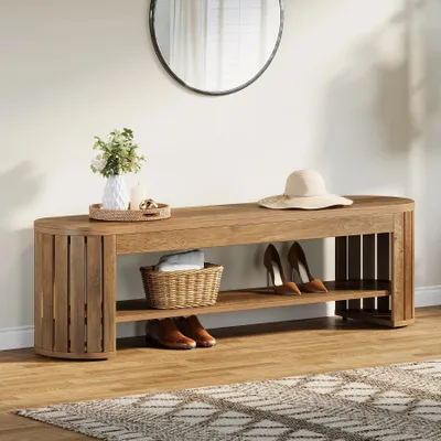 Produktbild von Holzbank mit Schuhregal - Flurbank Schuhbank - 2-stöckig schmal 160 cm - 35x160x45 cm - Landhausstil - Braun