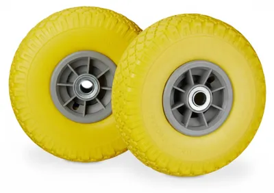 Produktbild von 4 x Sackkarrenrad, pannensichere Vollgummireifen, 3.00-4 Zoll, 20mm Achse, bis 80 kg, 260 x 85 mm, Ersatzrad, gelb-grau
