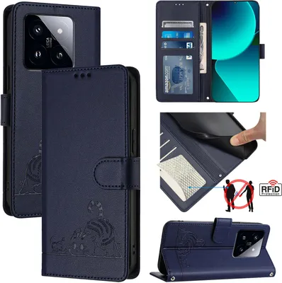 Produktbild von Leder Hülle für Xiaomi 14 Pro Süße Katze Flip Case Brieftasche Schutzhülle mit Standfunktion Blau