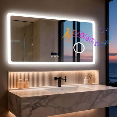 Produktbild von WISFOR Badezimmerspiegel mit Bluetooth und LED-Beleuchtung, 120 x 70 cm,Wandspiegel mit Uhr 3-Fach Schminkspiegel Energiesparend Speicherfunktion