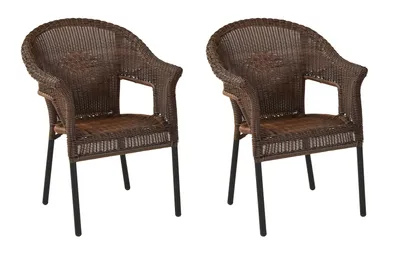 Two brown wicker chairs with black legs on a white background.