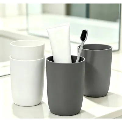 Produktbild von 4er Set Zahnputzbecher Kinder Kunststoff 280ml BPA-frei bruchsicher stapelbar spülmaschinenfest Grau Weiß