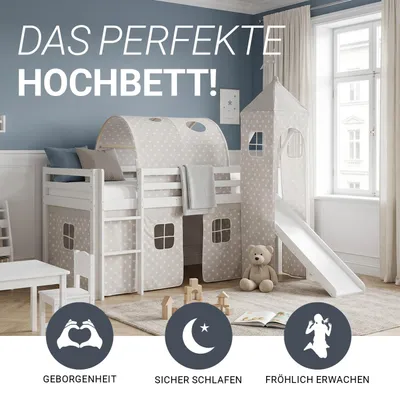 Produktbild von Homestyle4u Hochbett 90x200 Kinder mit Rutsche ohne Lattenrost Weiß Spielbett Tunnel Turm Sterne mit Rausfallschutz