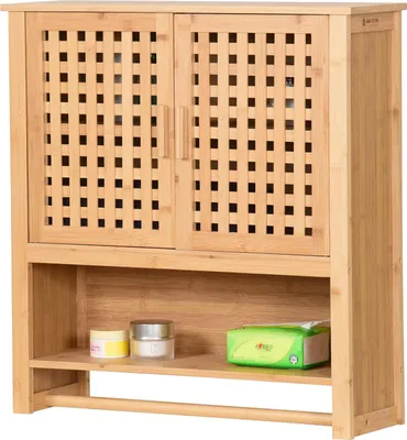 Zdjęcie produktu dla Szafka Łazienkowa Wisząca Bambusowa z Wieszakiem nad Umywalkę 66x62x20cm