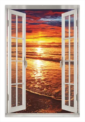 Produktbild von Wallario Wandbild mit Fenster-Illusion: Farbenfroher Sonnenuntergang über dem Meer II, Größe: 61 x 91,5 cm, Poster mit rahmenlosen Bildhalter