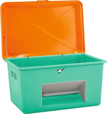 Produktbild von CEMO Streugutbehälter PLUS3 grün-orange-grau mit Entnahmeöffnung 400 l