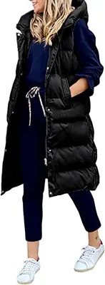 Produktbild von ASKSA Damen Daunenweste Mantel Wintermantel mit Kapuze Ärmellose Länge Steppjacke, Schwarz, L