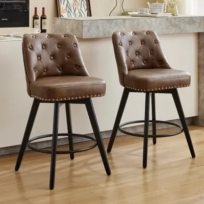 Image de Ensemble de deux tabourets de bar modernes - Tabourets pivotants à 360° - Rembourrés en lin/similicuir - Avec dossier et repose-pieds - Pieds en bois - Couleur : marron