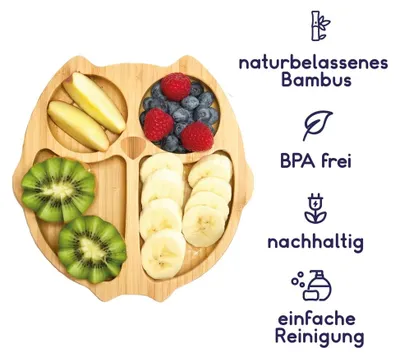 Produktbild von Kleiner Fuchs Bambus-Teller für Kinder inkl. Löffel - mit Saugnapf & Eulenmotiv