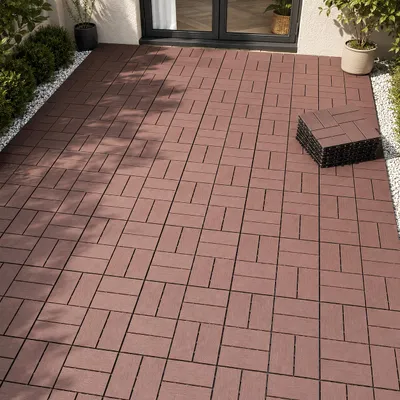Produktbild von 44 Stück Terrassenfliesen aus Kunststoff 30x30x2 cm, ca. 4 m², Klickfliesen mit Flechtmuster, wetterfest & rutschfest, für Balkon & Terrasse, Braun