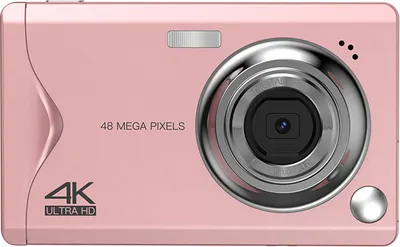 A pink digital camera is shown from the front.
