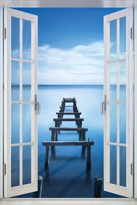Produktbild von Wallario Poster mit Fenster-Illusion: Rustikaler Holzsteg im blauen See, Größe: 61 x 91,5 cm (Maxiposter)