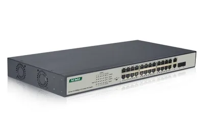 Produktbild von DIGITUS 24-Port Fast Ethernet  PoE Netzwerkswitch, 19 Zoll, unmanaged, 2 GE Uplink Ports, SFP, 370 W, af/at