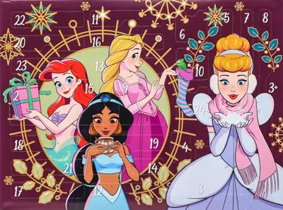 An advent calendar featuring Disney Princesses with festive decorations and numbers indicating days.