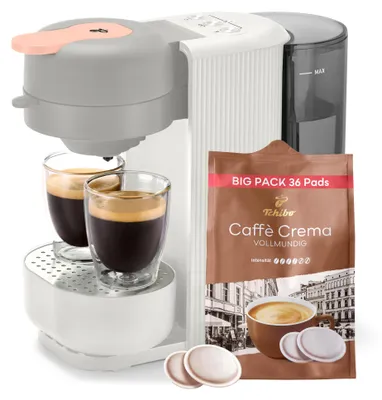 Produktbild von Tchibo Kaffeepadmaschine „CALL ME PAD“ inkl. 36 Kaffeepads Caffè Crema Vollmundig, mit Taste für To-Go Becher, für 2 Tassen, schnell und leise, automatische Abschaltfunktion, Weiß