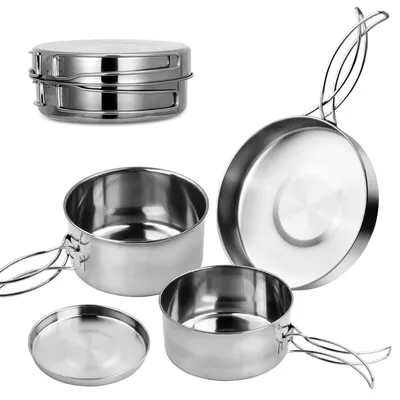 Immagine prodotto di Set di stoviglie da campeggio, 4 pezzi, in acciaio inossidabile, per cucinare all'aperto, pieghevole, adatto per 1-2 persone