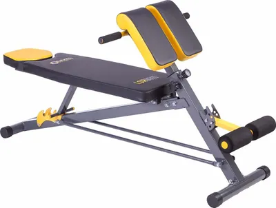 A black and yellow adjustable weight bench with padded supports, shown from a side angle against a white background.