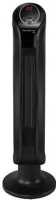 A black Rowenta electric heater with a digital display on a white background.