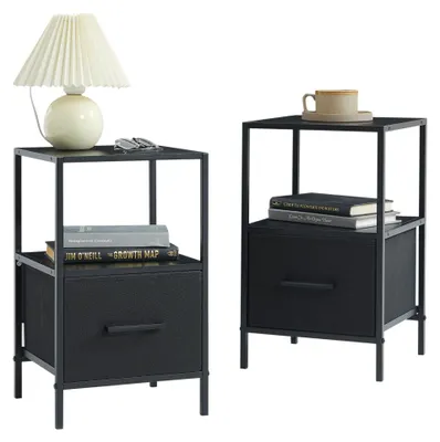 Image de CASABEL Lot de 2 tables de chevet noires avec tiroir en tissu renforcé, métal et bois, 30×30×50cm, tables de nuit
