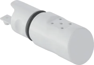 A white shower nozzle on a white background.