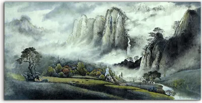 Produktbild von Coloray - Glasbild - 120x60 cm - Wandbild - Glasbilder - Landschaft Nebel Wasserfall und Berge