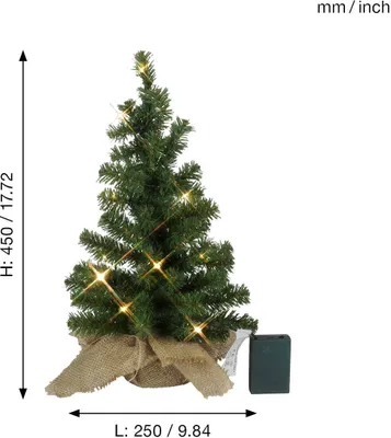 A small, decorated Christmas tree with lights, sitting in a burlap sack base, with a battery pack next to it. Dimensions are indicated.