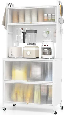 Produktbild von KOMFOTTEU Küchenschrank mit 5 Ebenen, Sideboard mit 4 Haken & 10 Dübeln, Buffetschrank mit Arbeitsplatte & Schränken, Küchenbuffet mit 4 Universalrollen (80 x 40 x 160 cm, Weiß)