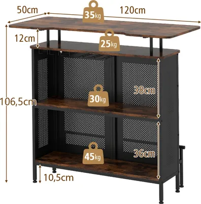 Produktbild von GOPLUS Bartisch, Küchentisch mit Glashalter & Ablagefläche, Bistrotisch mit Metallrahmen & Fußstütze, Rustikales Braun