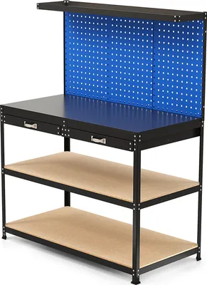 Zdjęcie produktu dla Stół warsztatowy COSTWAY Stół warsztatowy, stół narzędziowy do 230 kg z perforowaną ścianą, szufladami, półkami i 24 hakami do zawieszania 121x65x156 cm Niebieski
