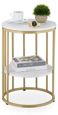 Image de Table d'appoint Relaxdays aspect marbre, 2 étagères, pour salon, métal et MDF, table basse ronde, H x P 57 x 40 cm, blanc/doré, Image générée par une IA