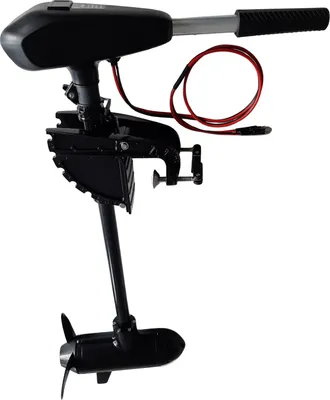 A black electric boat motor with a propeller is shown against a white background.