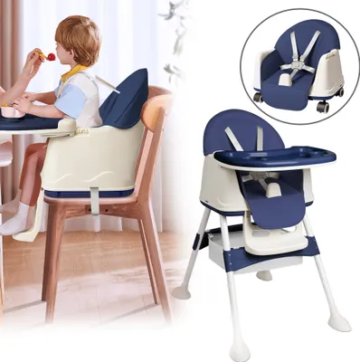 Produktbild von UISEBRT Kinderhochstuhl Höhenverstellbar mit 4 Rollen und 3-fach Tischbrett, Multifunktionaler Babystuhl mit Schlepplasche, Baby Kombihochstuhl, Blau