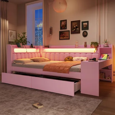 Produktbild von Tagesbett 140x200 cm mit Schreibtisch und 2 Schubladen, LED-Beleuchtung und USB-Anschlüssen, gepolstertes Daybed, Rosa