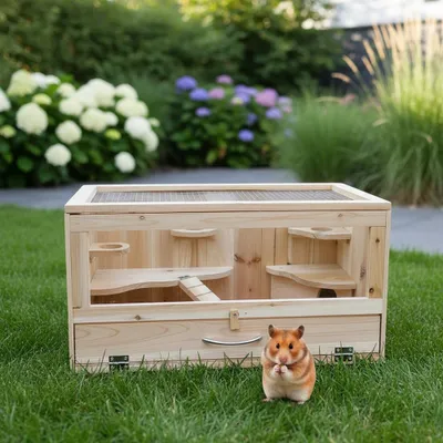 A wooden hamster cage with multiple levels is placed on a green lawn in a garden setting, with a hamster sitting in front of it.