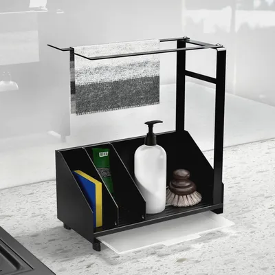 Produktbild von Spülbecken Organizer Schwarz Schmal Spülbecken Caddy Organizer Edelstahl,Spültuchhalter,Sink Organizer Hängend Wand mit Handtuchhalter,Abflusspfanne,Kleber für Küche&Badezimmer(25x20.5x8.5cm)
