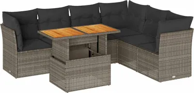 Image de vidaXL Ensemble de salon de jardin 7 pièces avec coussins Gris Poly rotin