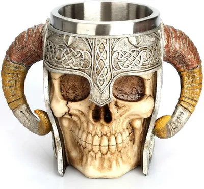 Produktbild von 3D-Tasse aus Edelstahl mit Totenkopf-Motiv, Wikinger-Widderhorn, Krieger-Totenkopf, Bier-/Kaffeetasse, 600 ml
