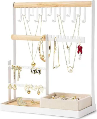 Produktbild von Freistehender Schmuckhalter, großer Schmuckständer, hängender Schmuck-Organizer mit Tablett und Haken, weiß
