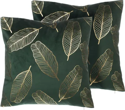 Produktbild von BELIANI Dekokissen im 2er Set Grün Polsterbezug Samt Struktur 45 x 45 cm Blätter Wohnzimmer Salon Schlafzimmer