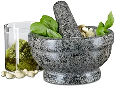 Produktbild von PolkaHome® Granitmörser mit Stößel, 17 cm Durchmesser, langlebiger Kräuter- und Nusszerkleinerer, grau, robust und stabil