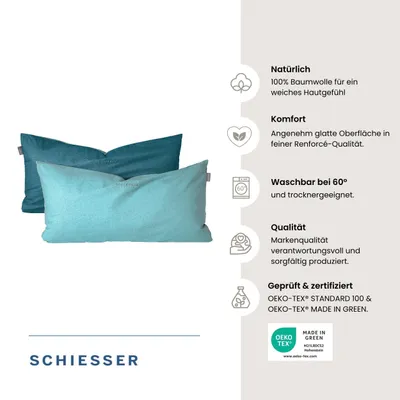 Produktbild von SCHIESSER Kissenhüllenset Doubleface | Zweifarbig | Renforcé | 2-teilig | 100% Baumwolle | Angenehm weich & glatt | YKK-Reißverschluss | 40x80 cm | Türkis