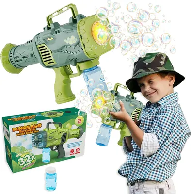 Zdjęcie produktu dla PISTOLET NA BAŃKI MASZYNA DO BANIEK AUTOMAT + PŁYN + pojemnik DINOZAUR
