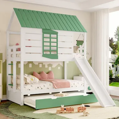 A bunk bed with a slide and trundle bed in a child's room.
