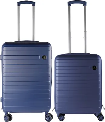 Two blue suitcases of different sizes are shown side-by-side against a white background.
