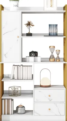 Produktbild von Merax Bücherregal, Sideboard mit 1 Türen und 2 Schubladen, 6 Regalböden, Badezimmerschrank Aufbewahrungsregal für Wohnzimmer, Büro, Weiß + Gold