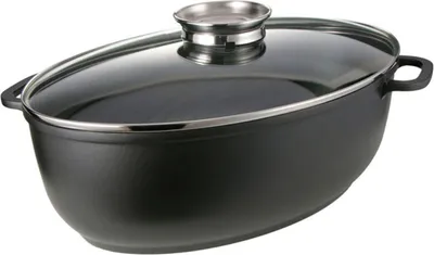 A black oval pot with a glass lid and silver handles and lid knob, isolated on a white background.