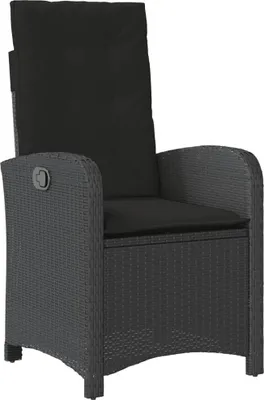 A single black poly rattan garden chair with a black cushion, shown from the front-left.
